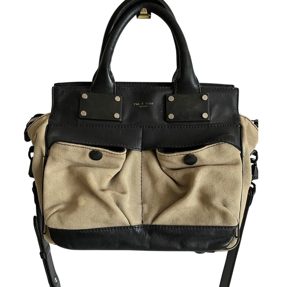 rag & bone Women’s Khaki Canvas Black Leather Small Pilot Satchel‎ Crossbody Bag